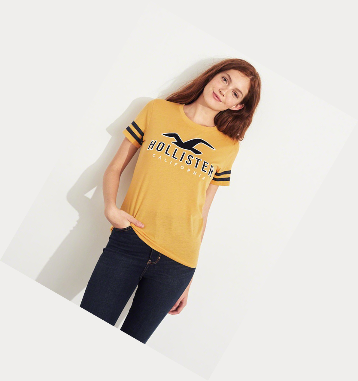 Yellow Women's Hollister Sleeve-Stripe Logo Short Sleeve | UK-320AZCD