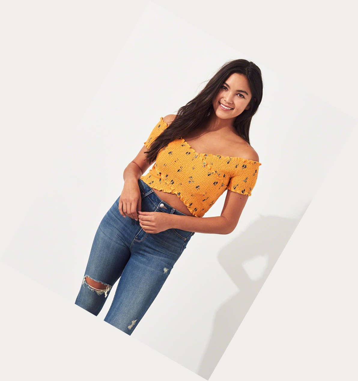 Yellow Women's Hollister Smocked Wrap Off-The-Shoulder Crop Short Sleeve | UK-802YKLA